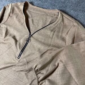 SHEIN Women's Tan 3/4 Sleeve Quarter Zip‎ Blouse Top XL 12